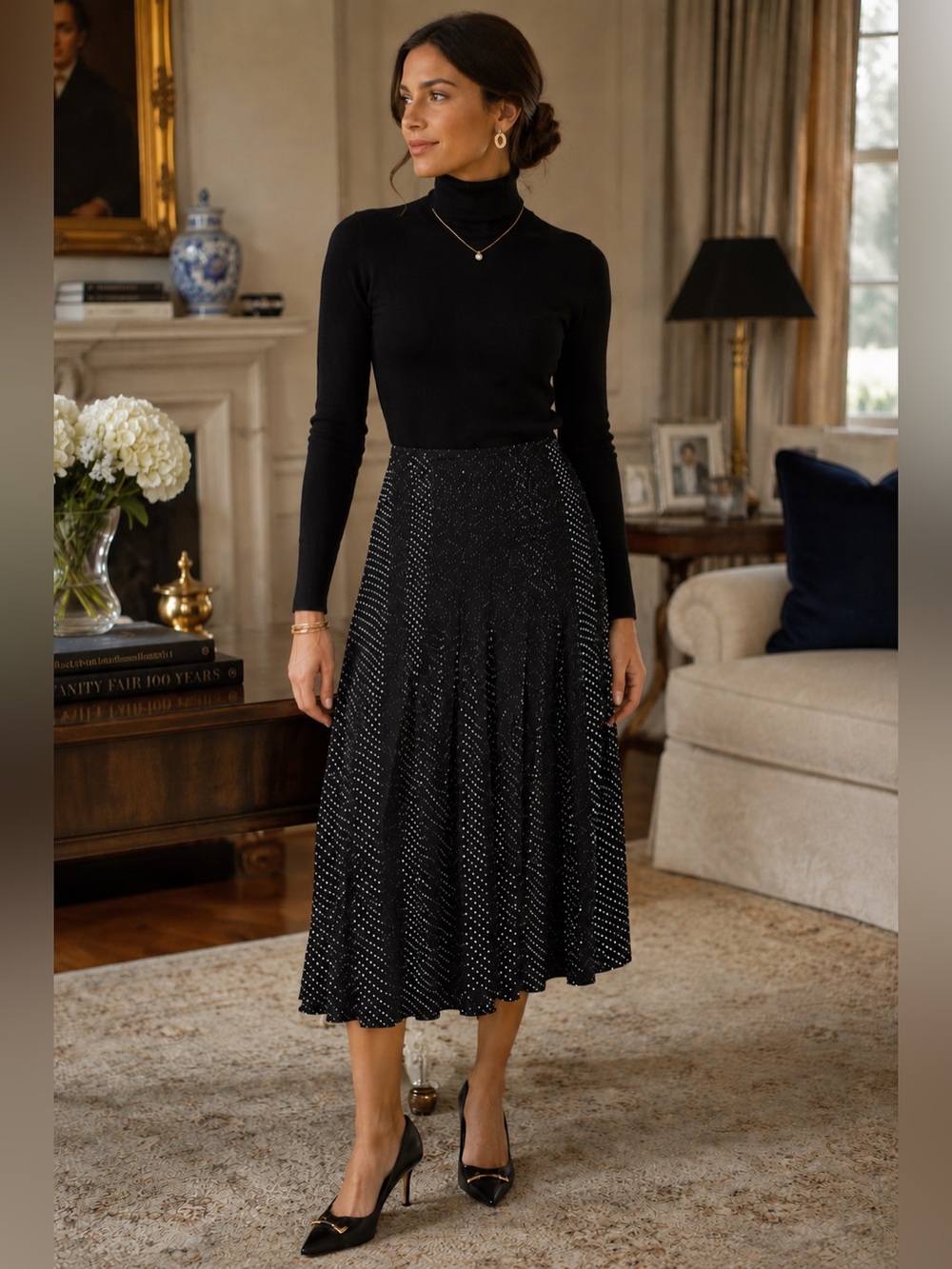 Vintage Talbots 100% Silk 12 Black Polka Dot Dark Academia Pleated Midi Skirt